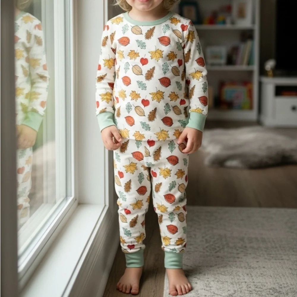 Kids Fall Leaf Print Long Sleeve Two Piece Pajamas